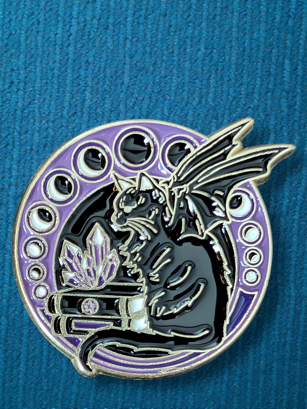 Enamel Black Winged Cat Pin with Purple Accents